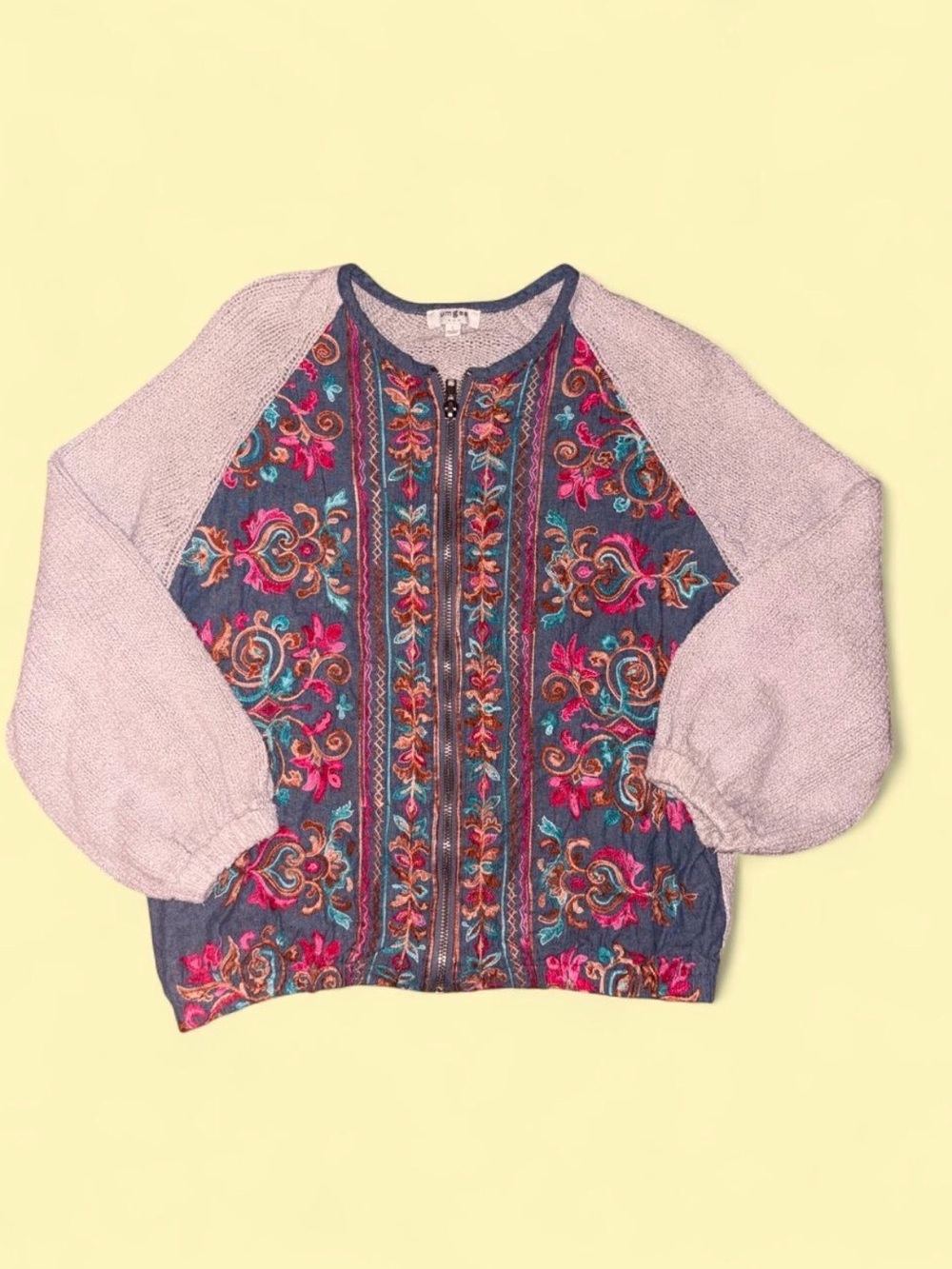 Umgee Teal Embroidered Zip-Front Sweater with Light Pink Raglan Sleeves